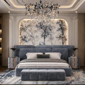 Luxury Blue Velvet Bedroom with Floral Accent Wall