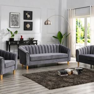 Elegant Grey Velvet Sofa Set with Modern Accents