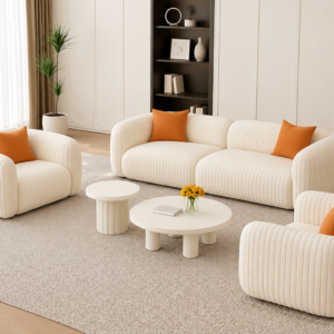 Minimalist Cream Velvet Sofa Set with Modern Accents