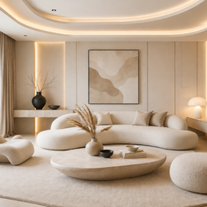 Serene Beige Modern Sofa Set with Abstract Art Accents