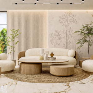 Contemporary Beige Bouclé Sofa Set with Natural Wood Accents