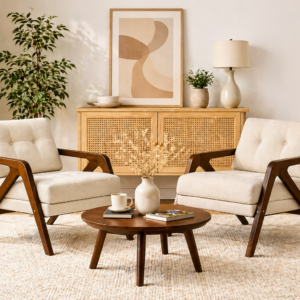 Scandinavian-Inspired Beige Lounge Chairs with Wooden Accents