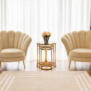 Elegant Shell-Shaped Armchairs with Gold Accents and Glass Table