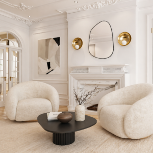 Luxury Bouclé Armchairs with Black Marble Coffee Table