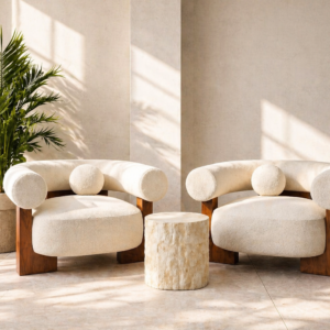 Minimalist Beige Bouclé Lounge Chairs with Wooden Accents