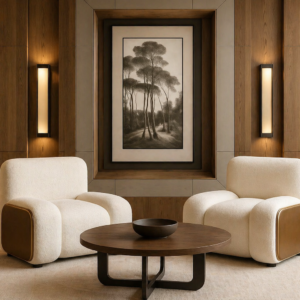 Modern Bouclé Armchairs with Wood and Brass Accents