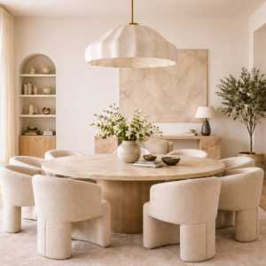 Elegant Modern Dining Set with Sculptural Lighting and Soft Tones